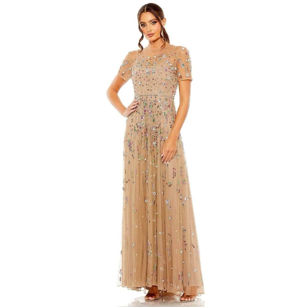 Mac Duggal 93924 A-line Embellished Stone Detailed Gown Size 12 Short Sleeve NWT